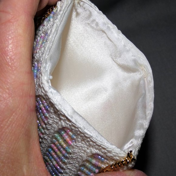 Vintage White Beaded Crochet Pouch Purse Bag Wedding Evening Bag Hand Crafted - Picture 3 of 7